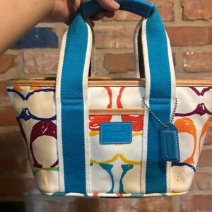 Coach Multicolor Canvas Mini Tote with Teal Straps